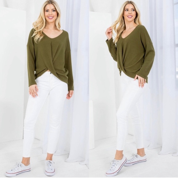 Front twist olive ribbed sweater - Picture 6 of 7